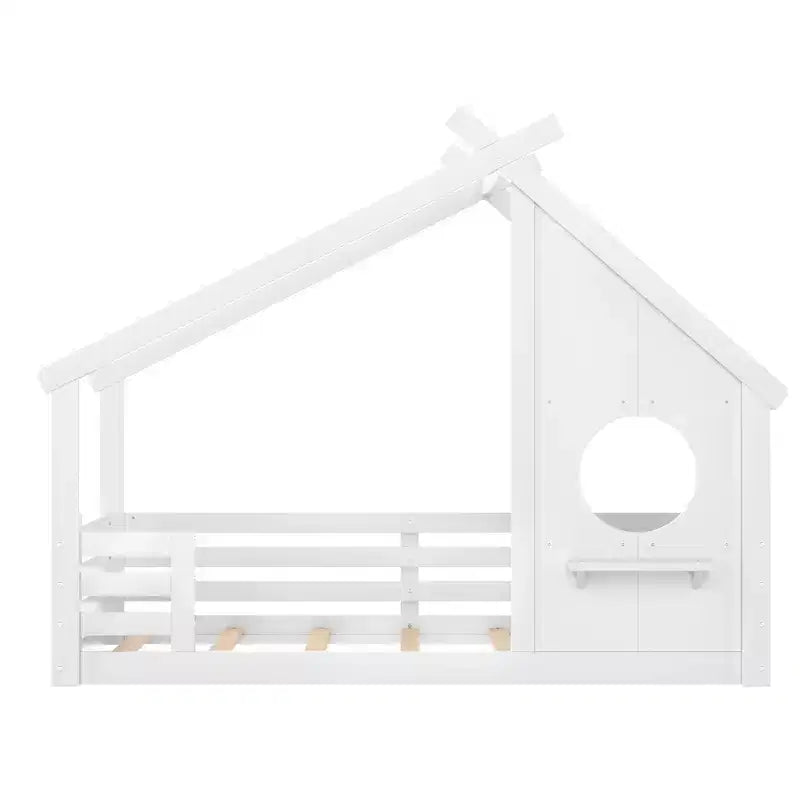 Twin/Full Size House Bed with Window and Shelf, Wood Floor Bed with Guardrails for Kids