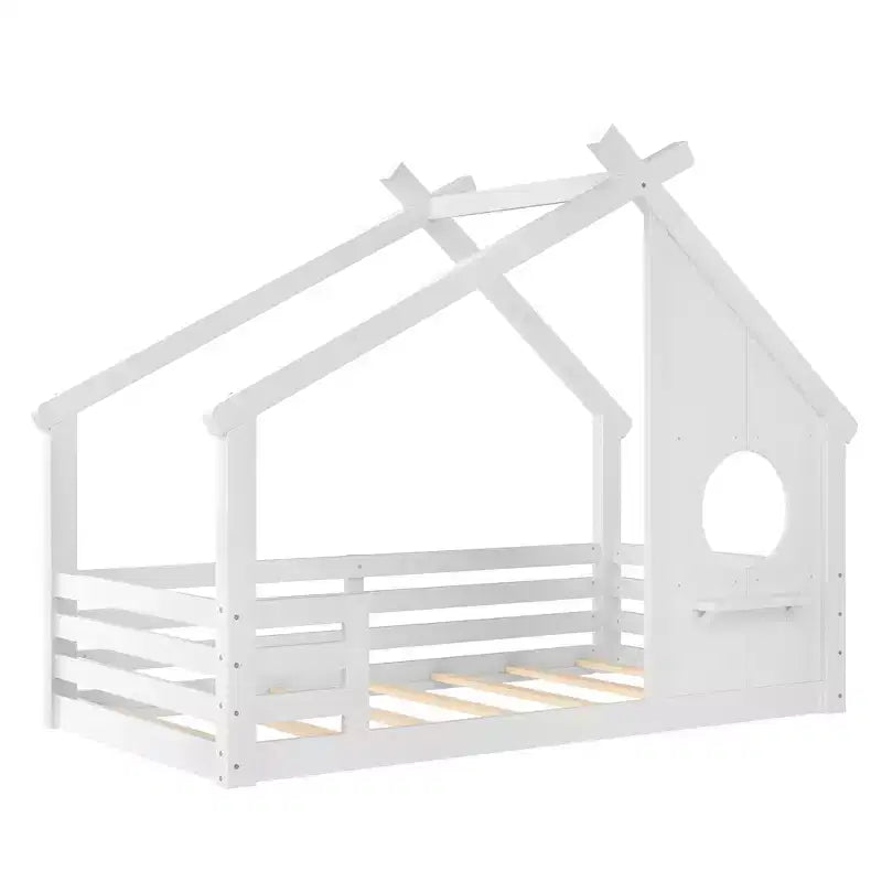 Twin/Full Size House Bed with Window and Shelf, Wood Floor Bed with Guardrails for Kids