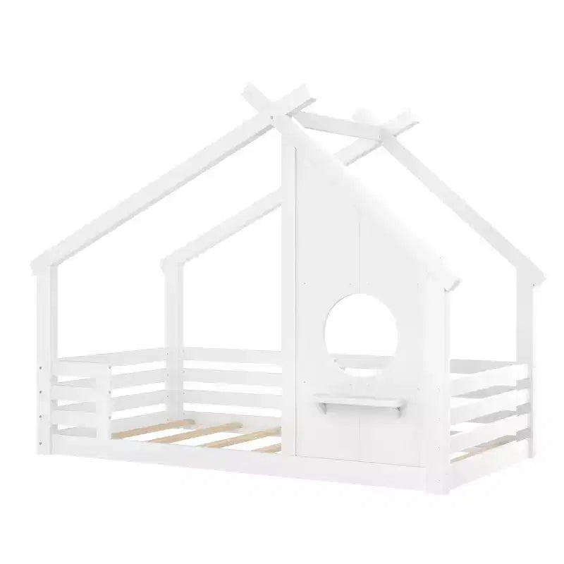 Twin/Full Size House Bed with Window and Shelf, Wood Floor Bed with Guardrails for Kids