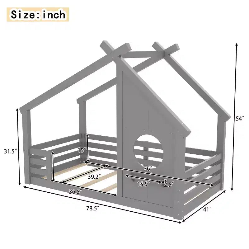 Twin/Full Size House Bed with Window and Shelf, Wood Floor Bed with Guardrails for Kids