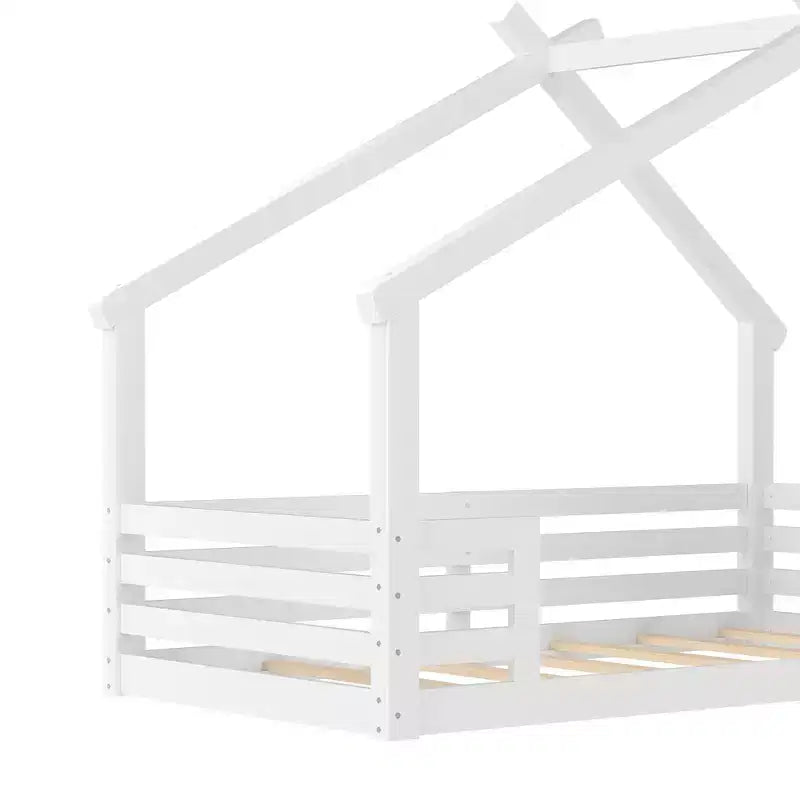 Twin/Full Size House Bed with Window and Shelf, Wood Floor Bed with Guardrails for Kids