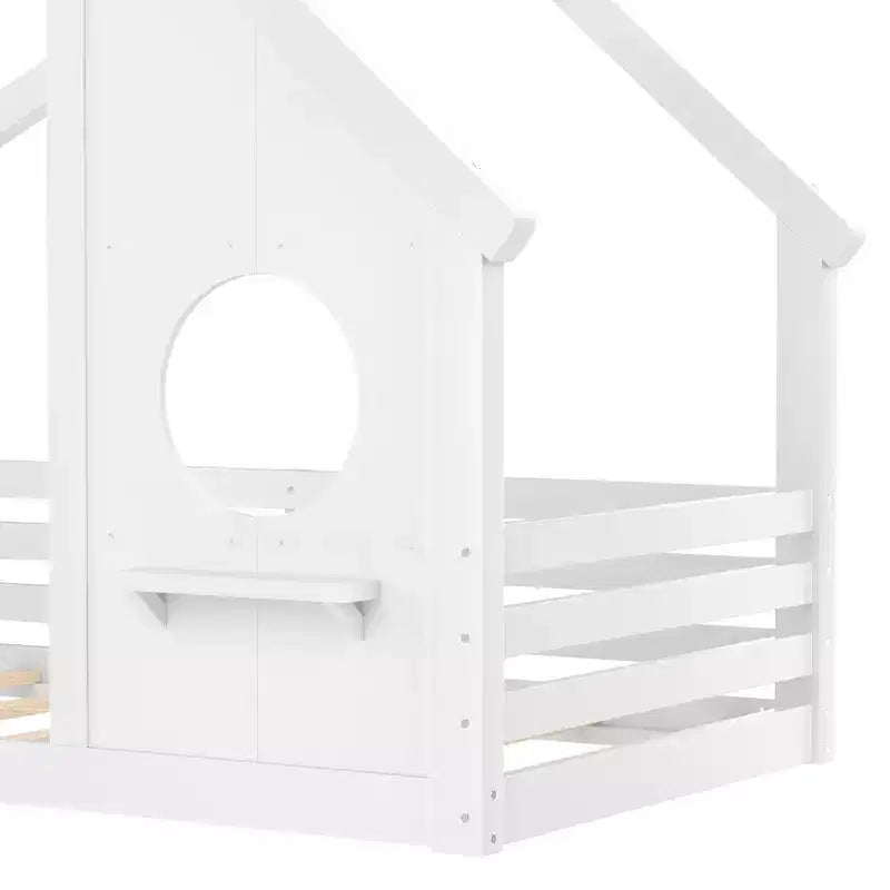 Twin/Full Size House Bed with Window and Shelf, Wood Floor Bed with Guardrails for Kids