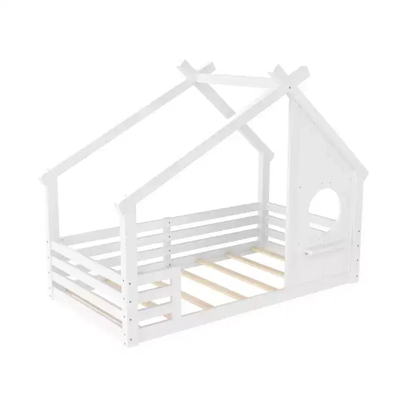 Twin/Full Size House Bed with Window and Shelf, Wood Floor Bed with Guardrails for Kids