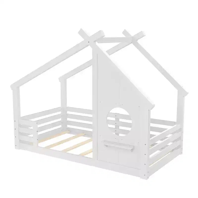Twin/Full Size House Bed with Window and Shelf, Wood Floor Bed with Guardrails for Kids
