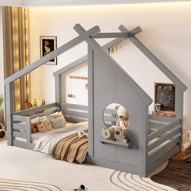 Twin/Full Size House Bed with Window and Shelf, Wood Floor Bed with Guardrails for Kids