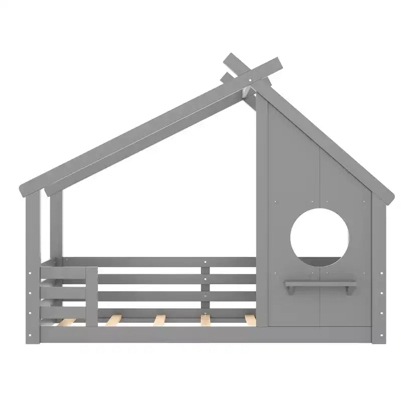 Twin/Full Size House Bed with Window and Shelf, Wood Floor Bed with Guardrails for Kids