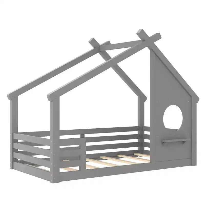 Twin/Full Size House Bed with Window and Shelf, Wood Floor Bed with Guardrails for Kids