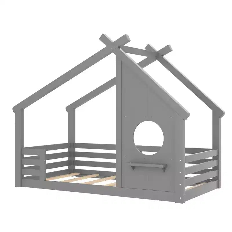 Twin/Full Size House Bed with Window and Shelf, Wood Floor Bed with Guardrails for Kids
