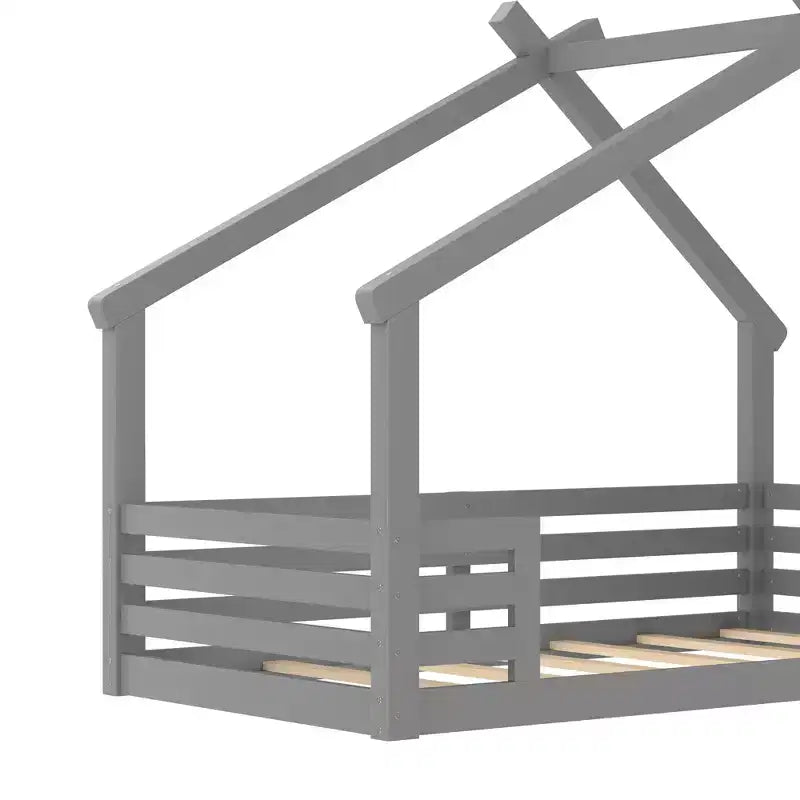 Twin/Full Size House Bed with Window and Shelf, Wood Floor Bed with Guardrails for Kids