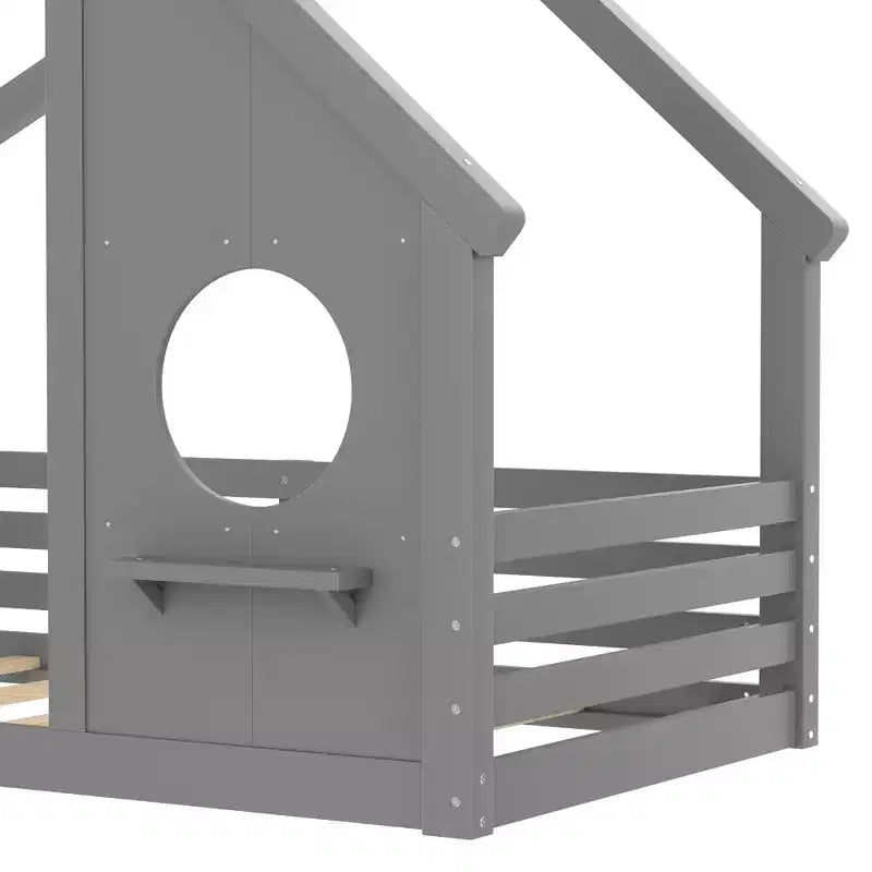 Twin/Full Size House Bed with Window and Shelf, Wood Floor Bed with Guardrails for Kids