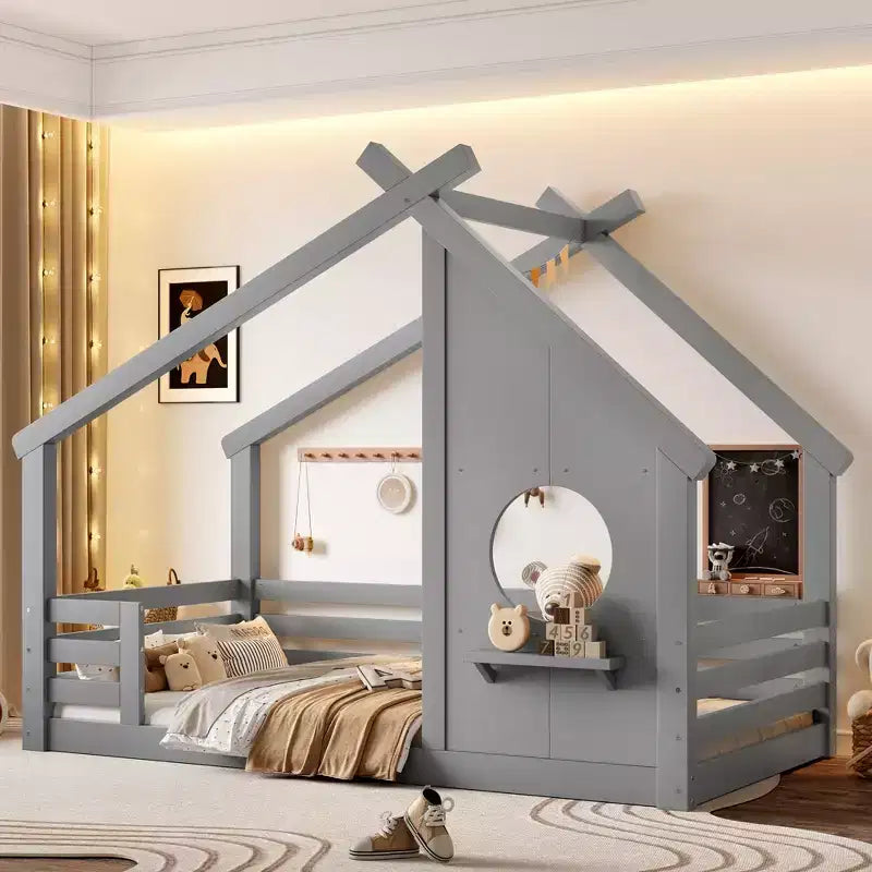 Twin/Full Size House Bed with Window and Shelf, Wood Floor Bed with Guardrails for Kids