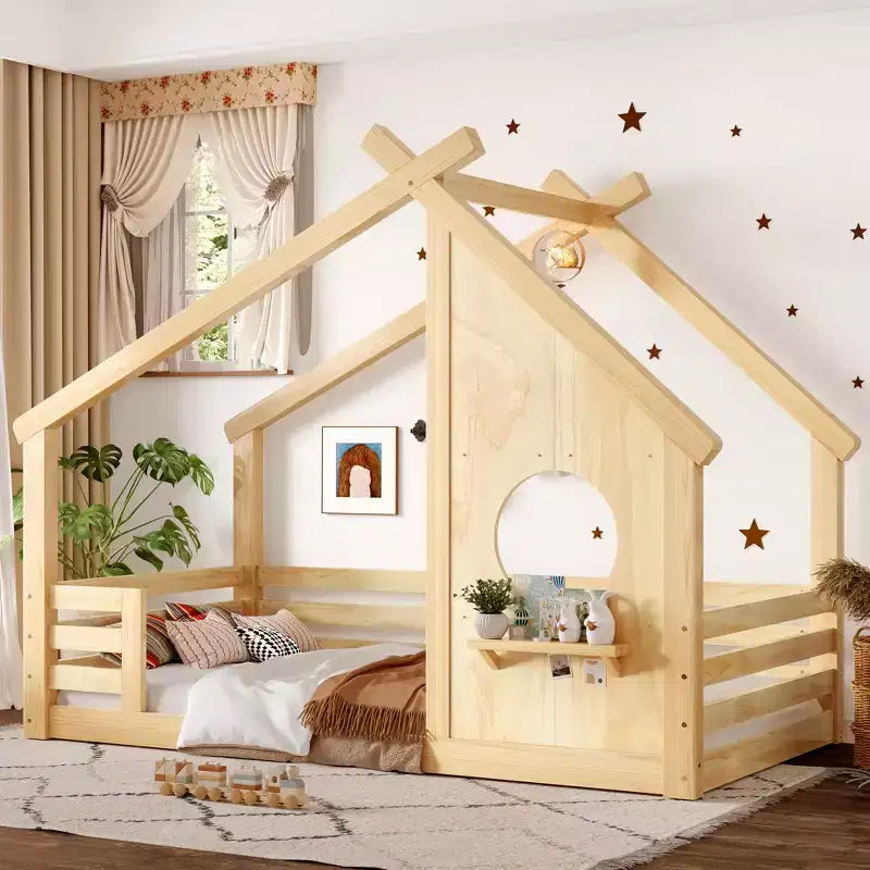 Twin/Full Size House Bed with Window and Shelf, Wood Floor Bed with Guardrails for Kids