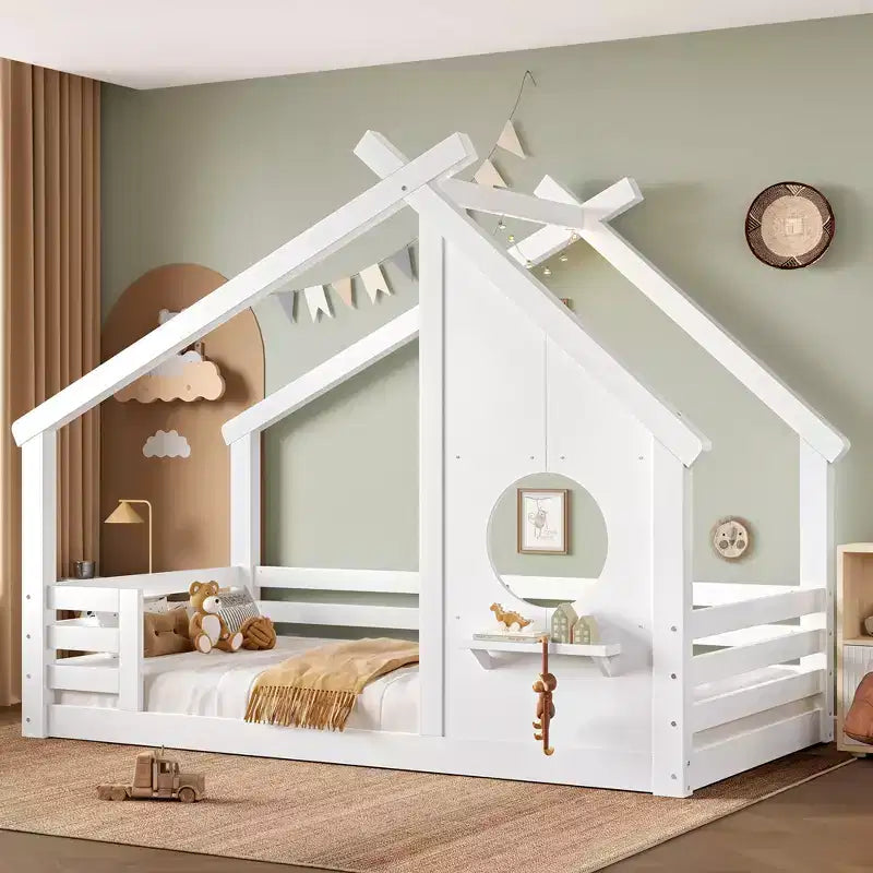 Twin/Full Size House Bed with Window and Shelf, Wood Floor Bed with Guardrails for Kids