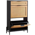 Rattan Shoe Cabinet Black Narrow Entryway Shoe Storage Organizer with 2 Flip Drawers and Slide Drawer Metal Legs Boho Style 12 Pair Capacity