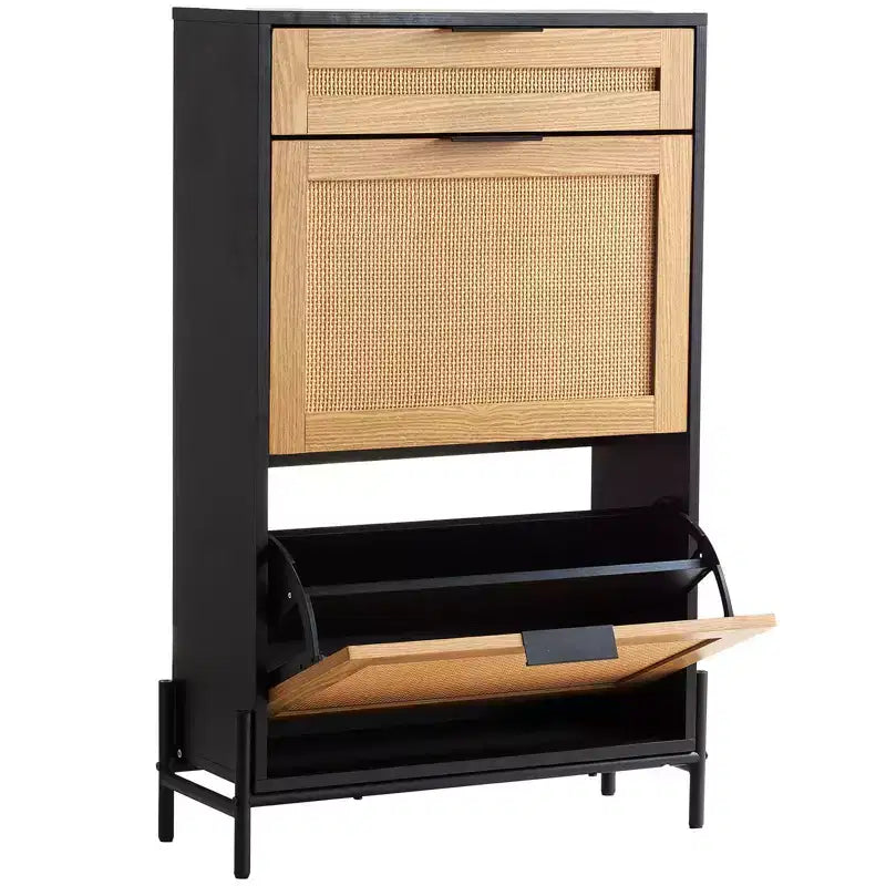Rattan Shoe Cabinet Black Narrow Entryway Shoe Storage Organizer with 2 Flip Drawers and Slide Drawer Metal Legs Boho Style 12 Pair Capacity
