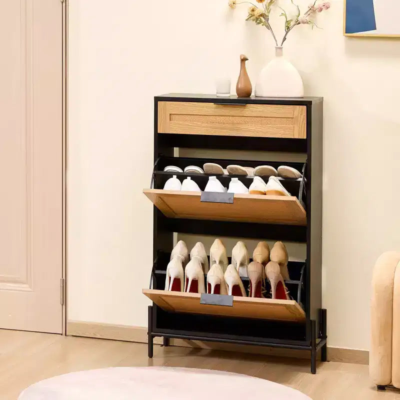 Rattan Shoe Cabinet Black Narrow Entryway Shoe Storage Organizer with 2 Flip Drawers and Slide Drawer Metal Legs Boho Style 12 Pair Capacity