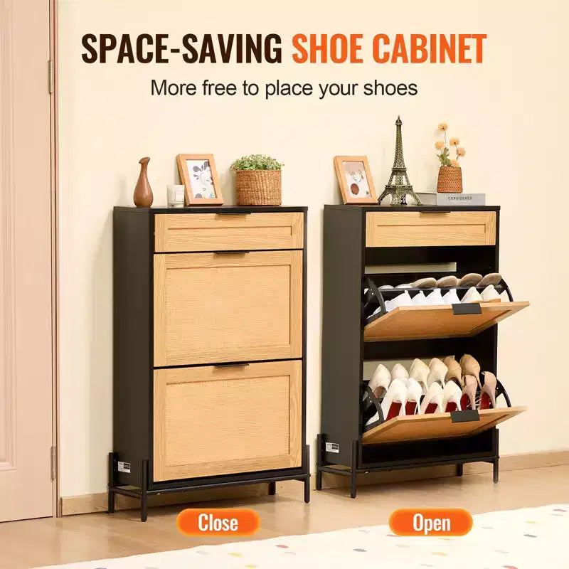 Rattan Shoe Cabinet Black Narrow Entryway Shoe Storage Organizer with 2 Flip Drawers and Slide Drawer Metal Legs Boho Style 12 Pair Capacity