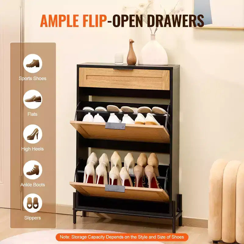 Rattan Shoe Cabinet Black Narrow Entryway Shoe Storage Organizer with 2 Flip Drawers and Slide Drawer Metal Legs Boho Style 12 Pair Capacity
