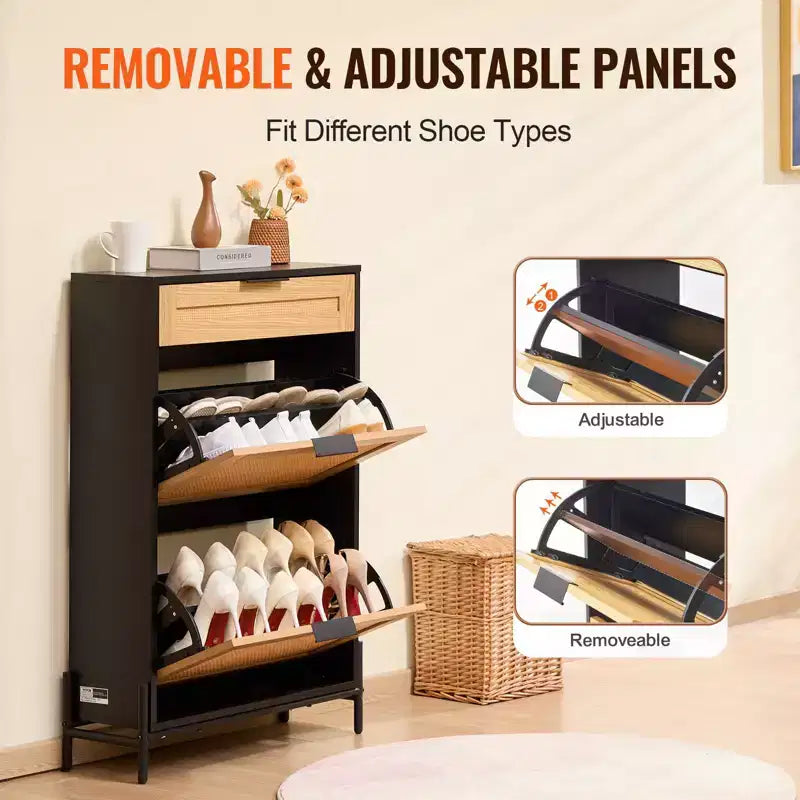 Rattan Shoe Cabinet Black Narrow Entryway Shoe Storage Organizer with 2 Flip Drawers and Slide Drawer Metal Legs Boho Style 12 Pair Capacity