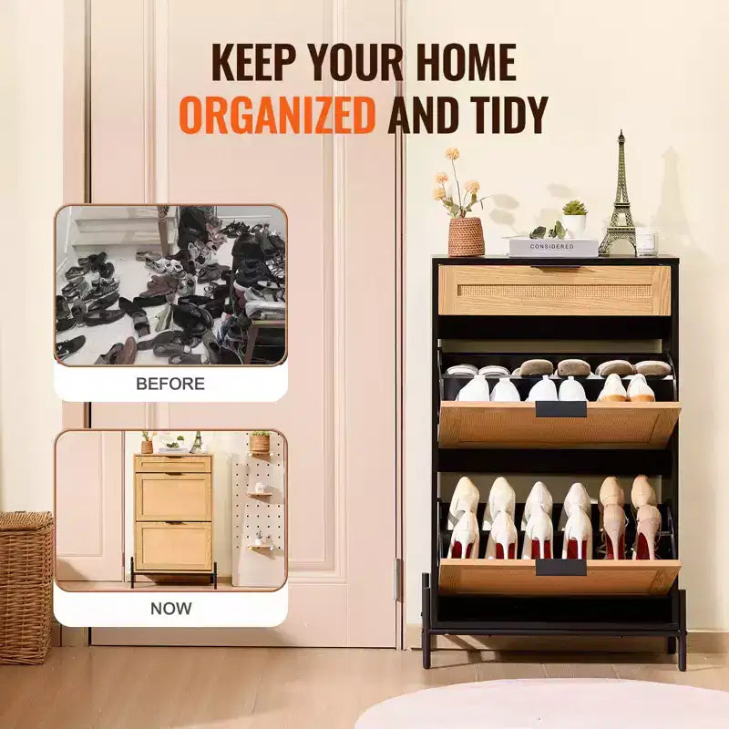 Rattan Shoe Cabinet Black Narrow Entryway Shoe Storage Organizer with 2 Flip Drawers and Slide Drawer Metal Legs Boho Style 12 Pair Capacity