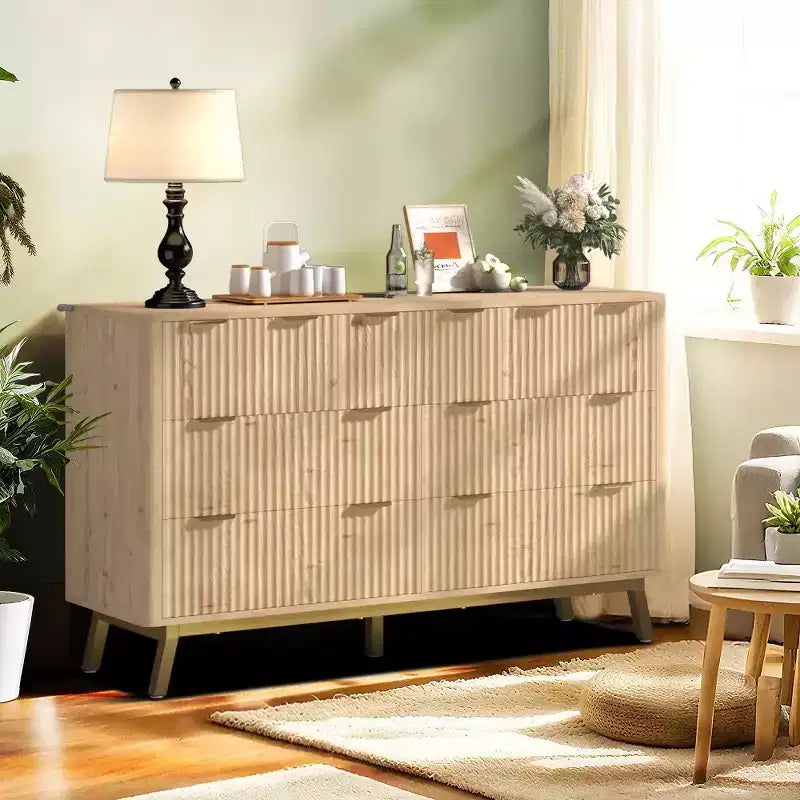 7 Drawer Dresser, Modern Natural Fluted Dresser for Bedroom, Wooden Wide Chest of Drawers Storage Organizer with Legs for Living Room, Entryway