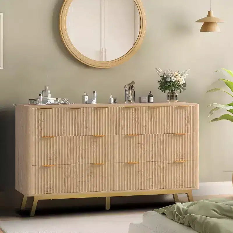 7 Drawer Dresser, Modern Natural Fluted Dresser for Bedroom, Wooden Wide Chest of Drawers Storage Organizer with Legs for Living Room, Entryway