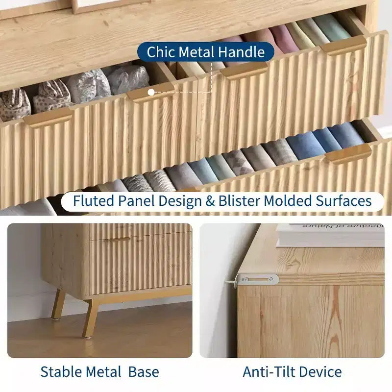 7 Drawer Dresser, Modern Natural Fluted Dresser for Bedroom, Wooden Wide Chest of Drawers Storage Organizer with Legs for Living Room, Entryway