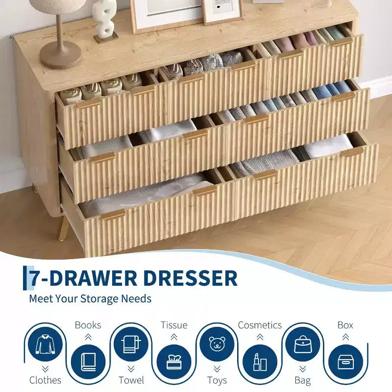7 Drawer Dresser, Modern Natural Fluted Dresser for Bedroom, Wooden Wide Chest of Drawers Storage Organizer with Legs for Living Room, Entryway