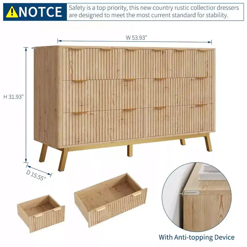 7 Drawer Dresser, Modern Natural Fluted Dresser for Bedroom, Wooden Wide Chest of Drawers Storage Organizer with Legs for Living Room, Entryway