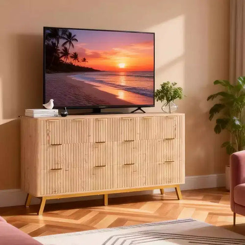 7 Drawer Dresser, Modern Natural Fluted Dresser for Bedroom, Wooden Wide Chest of Drawers Storage Organizer with Legs for Living Room, Entryway