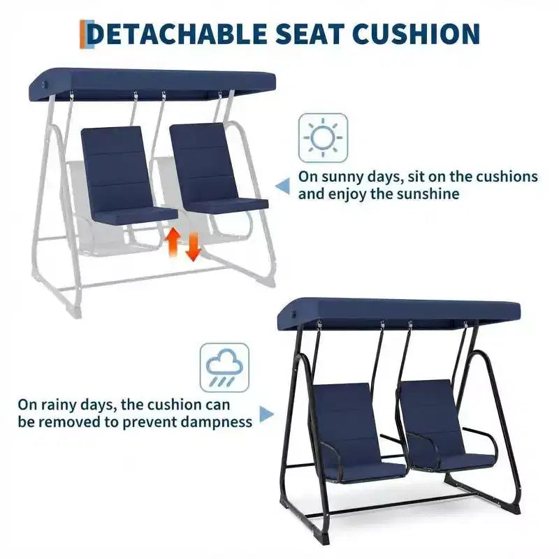 2-Person Outdoor Swing Chair, Adjustable Canopy & Removable Cushions, Heavy-Duty Steel Frame, Weather-Resistant, for Porch, Patio, Garden, Balcony