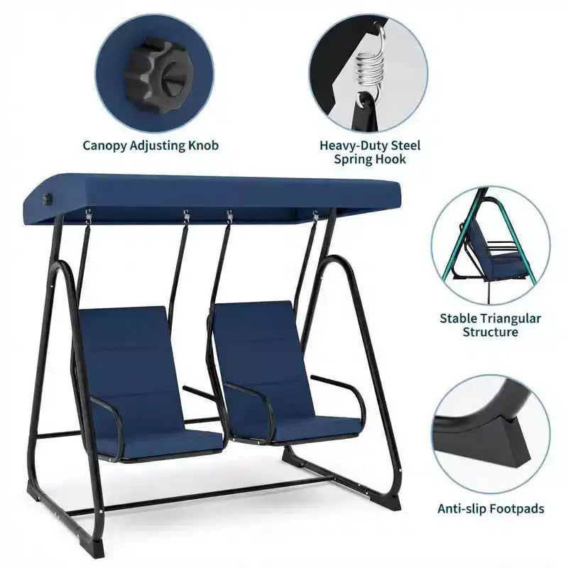 2-Person Outdoor Swing Chair, Adjustable Canopy & Removable Cushions, Heavy-Duty Steel Frame, Weather-Resistant, for Porch, Patio, Garden, Balcony