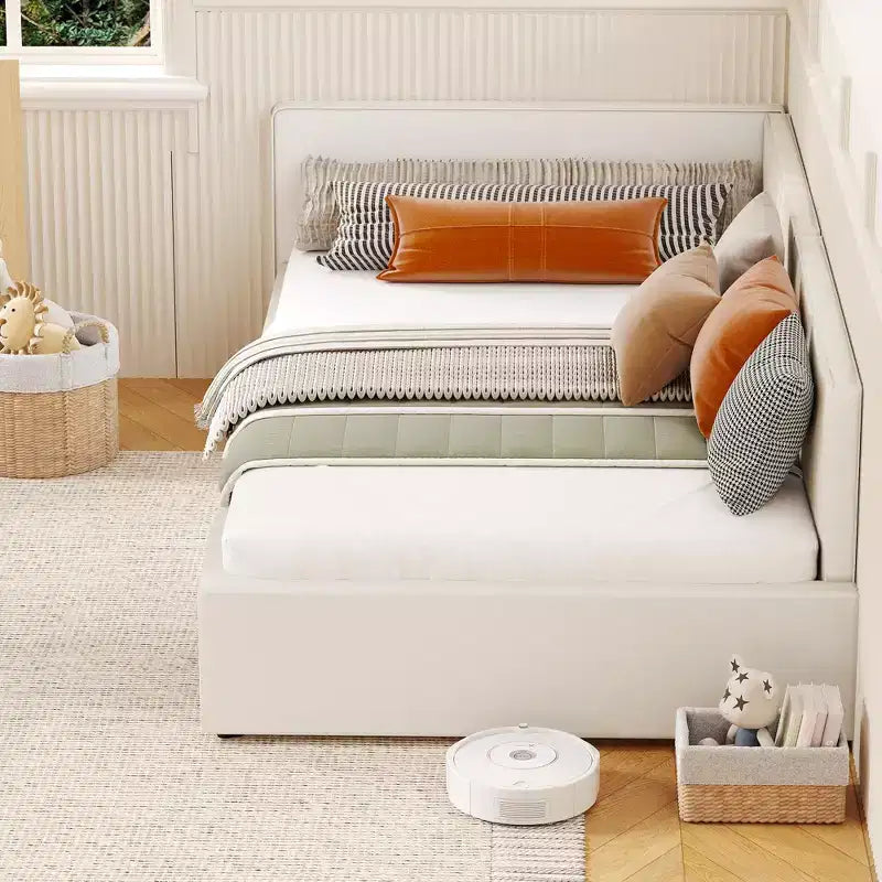 Twin Daybed with Bed Rails, Velvet Upholstered Corner Bed Frame with Headboard, Modern Kids Bed with Guardrail for Living Room, Bedroom