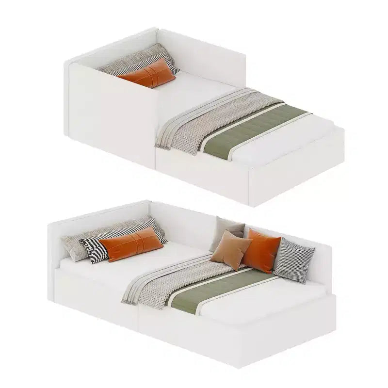 Twin Daybed with Bed Rails, Velvet Upholstered Corner Bed Frame with Headboard, Modern Kids Bed with Guardrail for Living Room, Bedroom