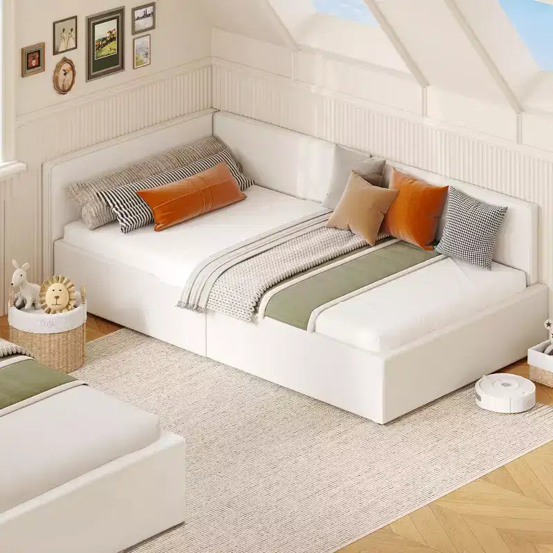 Twin Daybed with Bed Rails, Velvet Upholstered Corner Bed Frame with Headboard, Modern Kids Bed with Guardrail for Living Room, Bedroom