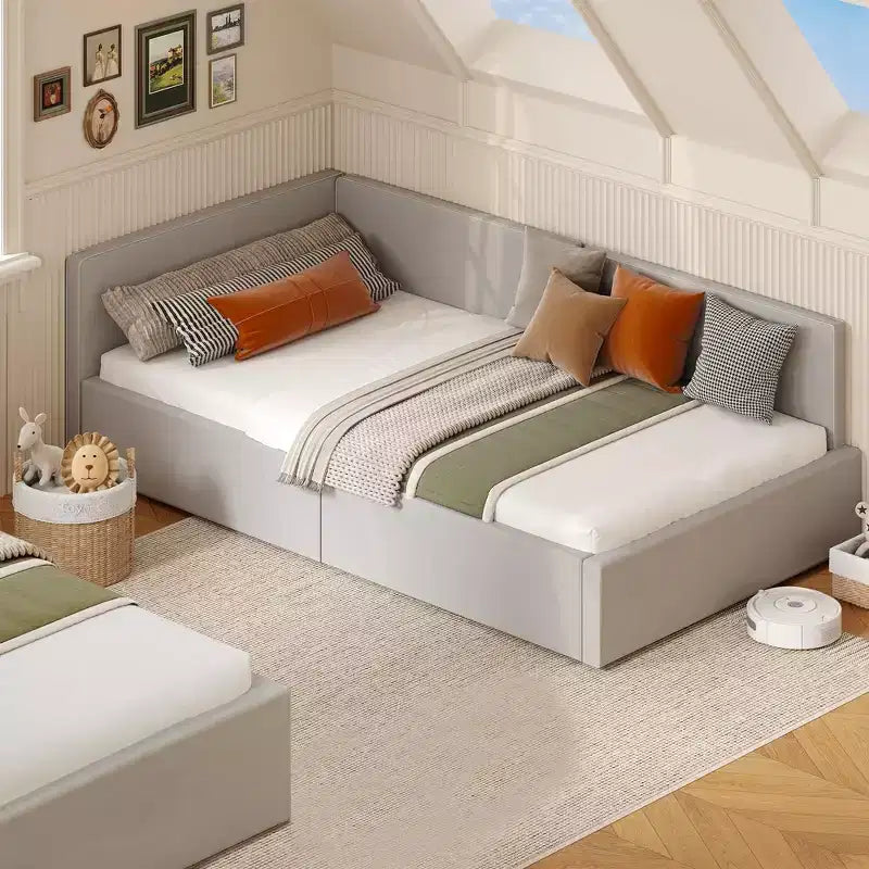 Twin Daybed with Bed Rails, Velvet Upholstered Corner Bed Frame with Headboard, Modern Kids Bed with Guardrail for Living Room, Bedroom
