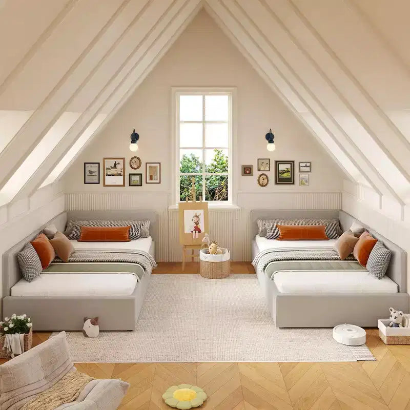 Twin Daybed with Bed Rails, Velvet Upholstered Corner Bed Frame with Headboard, Modern Kids Bed with Guardrail for Living Room, Bedroom