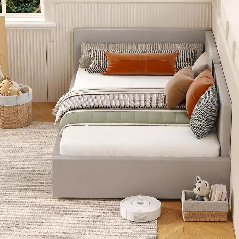 Twin Daybed with Bed Rails, Velvet Upholstered Corner Bed Frame with Headboard, Modern Kids Bed with Guardrail for Living Room, Bedroom