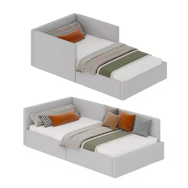 Twin Daybed with Bed Rails, Velvet Upholstered Corner Bed Frame with Headboard, Modern Kids Bed with Guardrail for Living Room, Bedroom