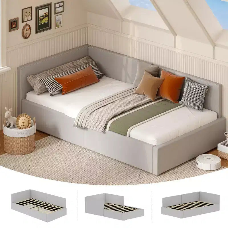 Twin Daybed with Bed Rails, Velvet Upholstered Corner Bed Frame with Headboard, Modern Kids Bed with Guardrail for Living Room, Bedroom