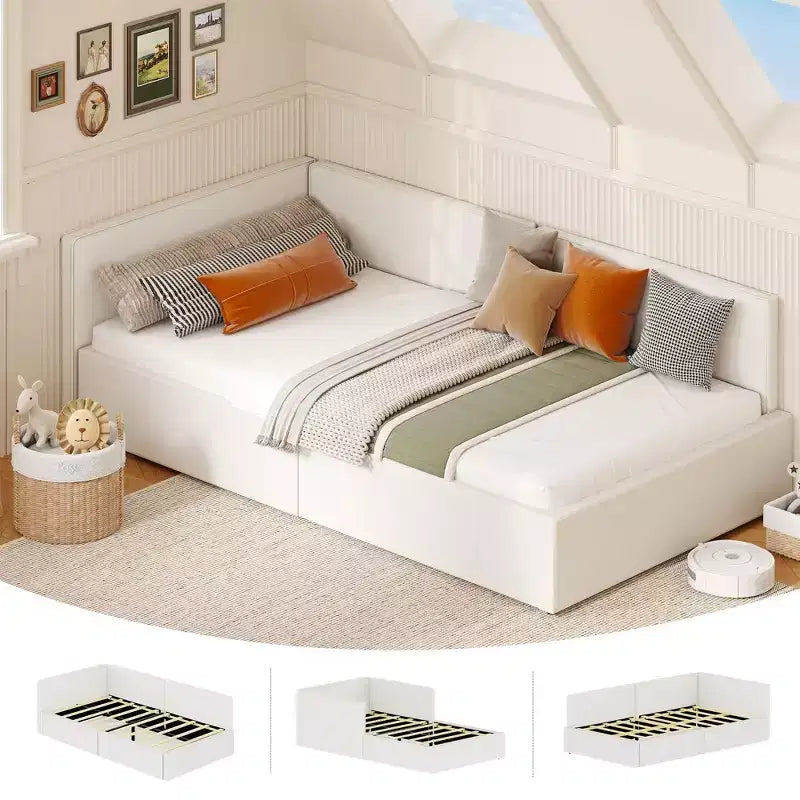 Twin Daybed with Bed Rails, Velvet Upholstered Corner Bed Frame with Headboard, Modern Kids Bed with Guardrail for Living Room, Bedroom