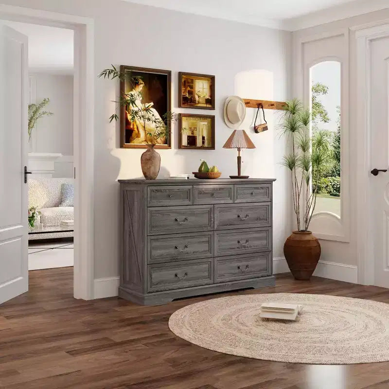 Famapy 9-Drawer Rustic Dresser with Antique Bronze Handles,Large Capacity Bedroom/Entryway Storage,Farmhouse Chest of Drawers