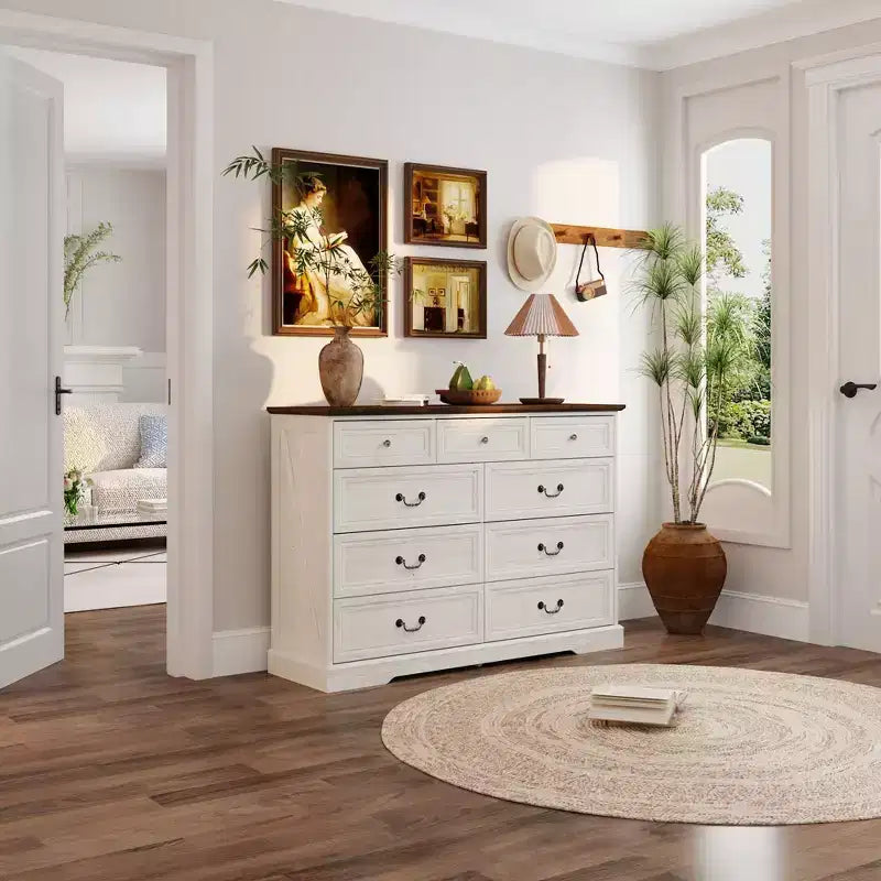 Famapy 9-Drawer Rustic Dresser with Antique Bronze Handles,Large Capacity Bedroom/Entryway Storage,Farmhouse Chest of Drawers