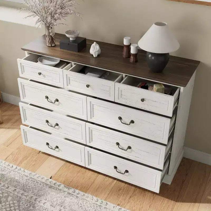 Famapy 9-Drawer Rustic Dresser with Antique Bronze Handles,Large Capacity Bedroom/Entryway Storage,Farmhouse Chest of Drawers