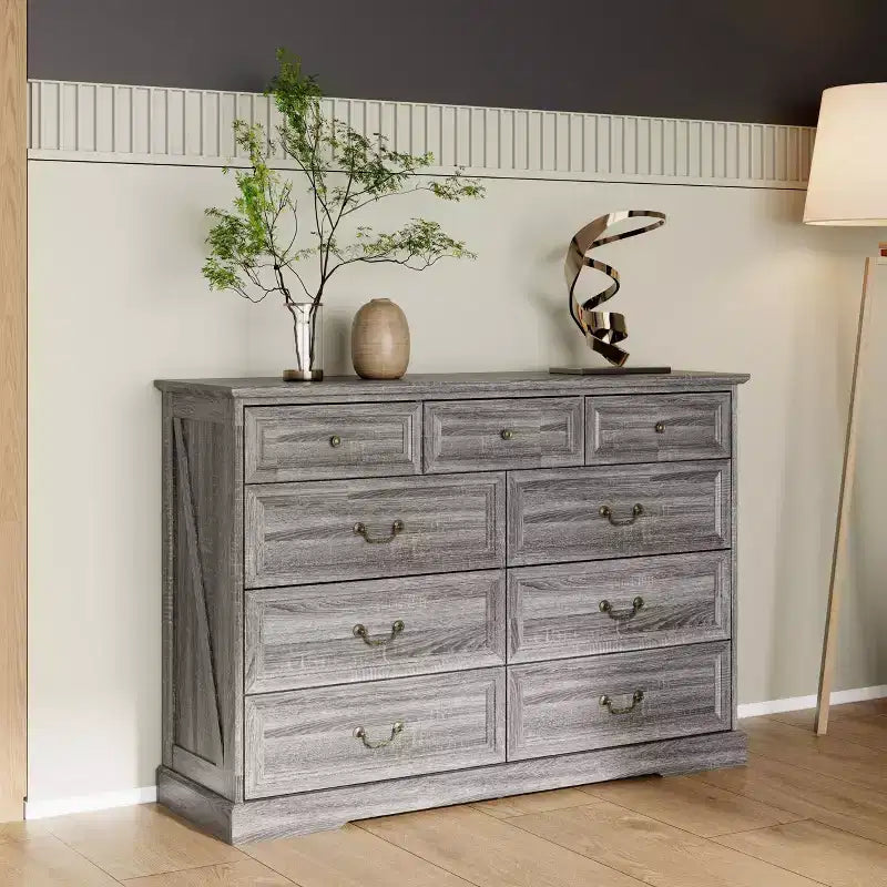 Famapy 9-Drawer Rustic Dresser with Antique Bronze Handles,Large Capacity Bedroom/Entryway Storage,Farmhouse Chest of Drawers