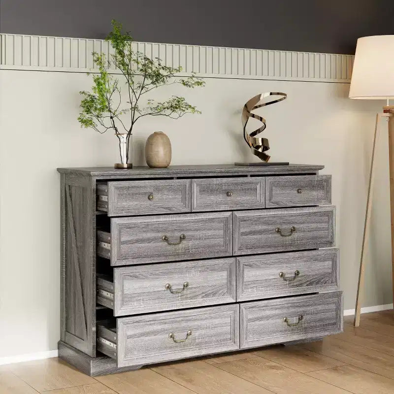 Famapy 9-Drawer Rustic Dresser with Antique Bronze Handles,Large Capacity Bedroom/Entryway Storage,Farmhouse Chest of Drawers