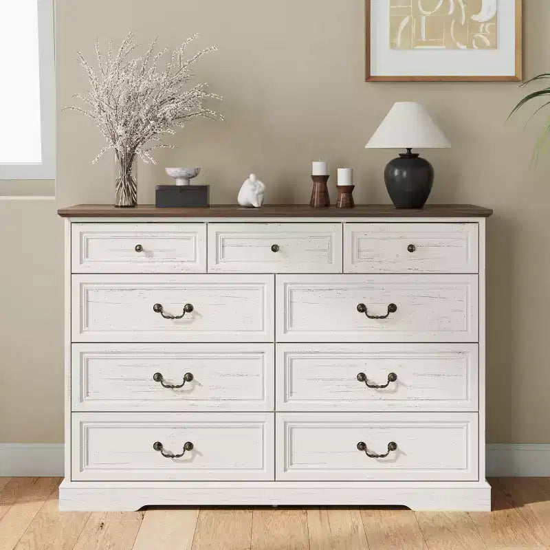 Famapy 9-Drawer Rustic Dresser with Antique Bronze Handles,Large Capacity Bedroom/Entryway Storage,Farmhouse Chest of Drawers