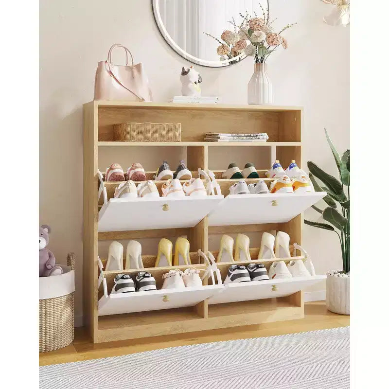 4-Door Shoe Cabinet - White Slim Wooden Storage Organizer with Open Top Shelf for Entryway/Hallway/Bedroom (1-Pack)