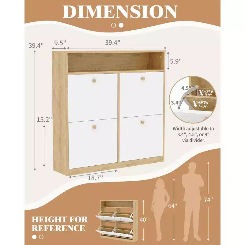 4-Door Shoe Cabinet - White Slim Wooden Storage Organizer with Open Top Shelf for Entryway/Hallway/Bedroom (1-Pack)
