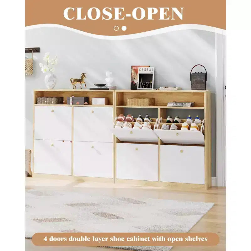 4-Door Shoe Cabinet - White Slim Wooden Storage Organizer with Open Top Shelf for Entryway/Hallway/Bedroom (1-Pack)